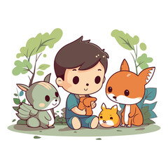cute boy playing with animals in the park vector illustration graphic design