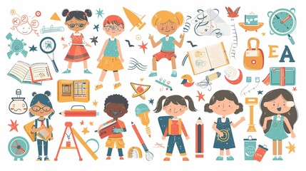 Cute happy children and school supplies: vector illustrations depicting a vibrant school atmosphere with joyful students and decorative elements