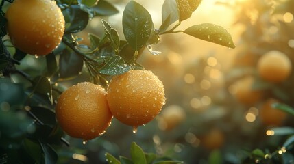 A close-up view of ripe oranges with dewdrops, hanging from a tree branch, illuminated by the warm golden light of the early morning sun.