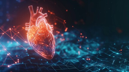 Glowing hologram of human heart organ 3D structure with dark background. - obrazy, fototapety, plakaty