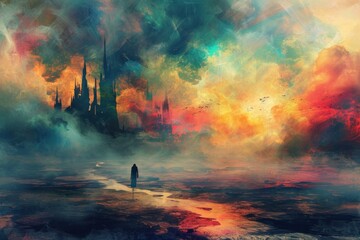 Dreamlike Fantasy landscape. Color sky horizont. Generate Ai