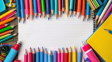 Fototapeta premium Vibrant border of colorful school supplies on lined paper background