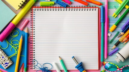 Obraz premium Vibrant border of colorful school supplies on lined paper background