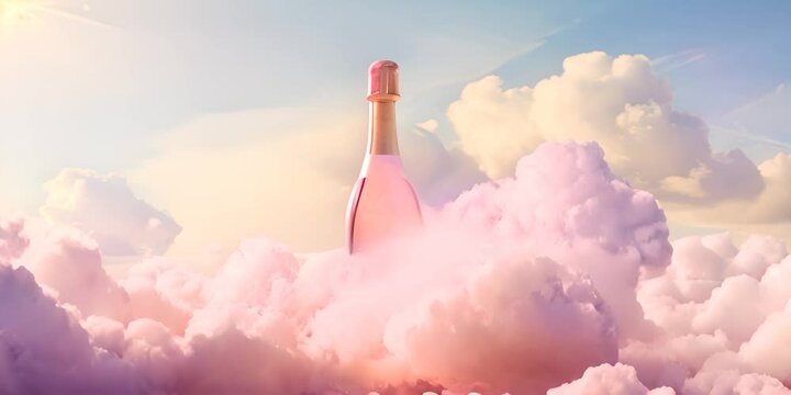 Pink champagne bottle with clean label for product design against pastel fluffy clouds and sky. Creative concept of pink sparkling wine. 4K Video