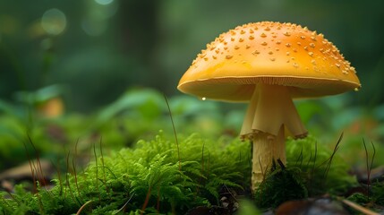 A closeup of an Amanita muscaria mushroom surrounded by autumn leaves, set against the backdrop of a forest in fall