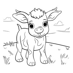 Cute cartoon baby cow standing on the meadow.