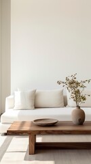 Fototapeta na wymiar Minimal living room with wooden coffee table near sofa close-up. Interior design 