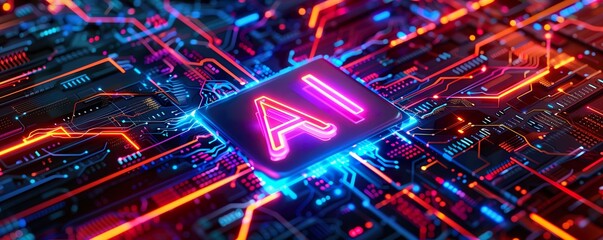 3D neon glowing AI text on chip, with a colorful circuit board background and holographic light effects with vibrant colors