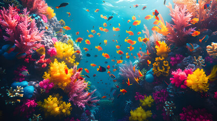 Top view of a colorful coral reef, spacious copy space, no text, no logo, no brand, no letters, Cinematic, vibrant colors, wallpaper style, master piece, background, photorealistic - obrazy, fototapety, plakaty