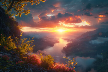 Obraz na płótnie Canvas High angle view of sunset river mountains