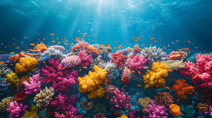 Naklejka na ściany i meble Top view of a colorful coral reef, spacious copy space, no text, no logo, no brand, no letters, Cinematic, vibrant colors, wallpaper style, master piece, background, photorealistic