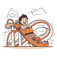 Vector illustration of a man riding a roller coaster in the park.