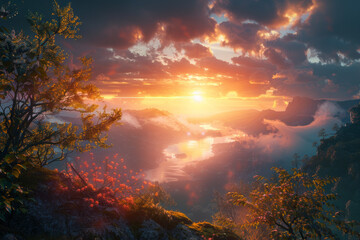 Obraz premium High angle view of sunset river mountains