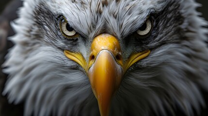 A closeup shot of the bald eagle's intense gaze, showcasing its powerful beak and piercing eyes, - obrazy, fototapety, plakaty