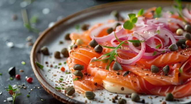 A gourmet plate of smoked salmon with capers, onions, and cream cheese
