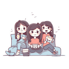 Illustration of a group of girls sitting on the sofa and drinking coffee