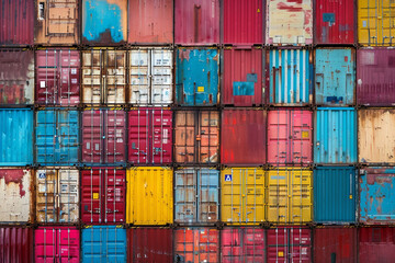 Fototapeta premium A wall of shipping containers. Stacked high. The containers began to rust and deteriorate.