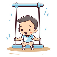 Cute little boy swinging on a swing. Vector flat cartoon illustration.