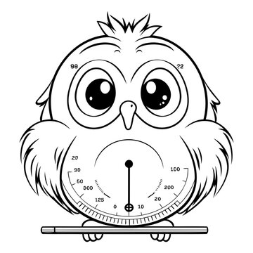 Owl with a clock. Black and white vector illustration isolated on white background.