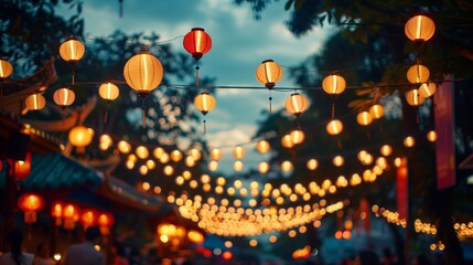 A group of lanterns hanging from the sky, creating a warm