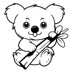 Cute cartoon koala holding a bamboo stick.