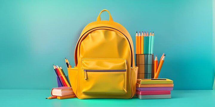 Back to school. Yellow backpack with books and school stuff on blue background Banner, a place for text, copy space. 4K Video