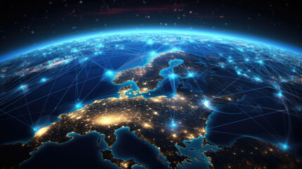 Global network planet Earth at night from space, city lights, elements from NASA. Network and telecommunication on earth crypto and blockchain. Big data analytics and business intelligence concept.