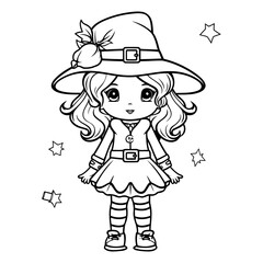 Coloring book for children: Witch girl. Coloring page.