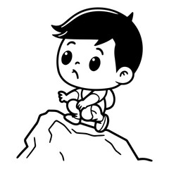 Cute little boy sitting on a rock. Vector cartoon illustration.