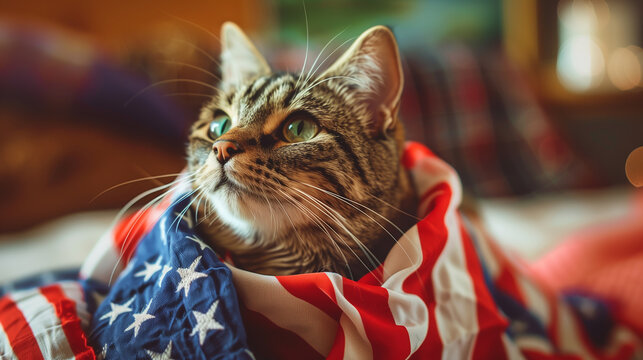 cute Cat wearing American flag. The concept of 4 July Independence Day, american flag, memorial day, american democracy, usa patriotism, victory of us. Ai generated image