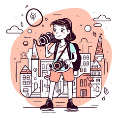 Vector illustration of a girl tourist with a camera in the city.