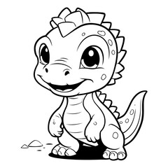 Cute Dinosaur - Black and White Cartoon Illustration. Isolated On White Background