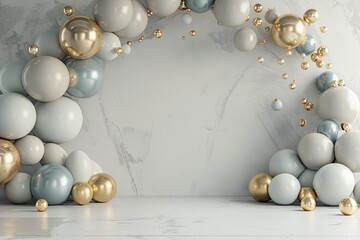 Gray and gold balloons and arch, in the style of matte background