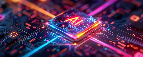 Neon glowing AI text on chip, with a colorful circuit board background and holographic light effects with vibrant colors