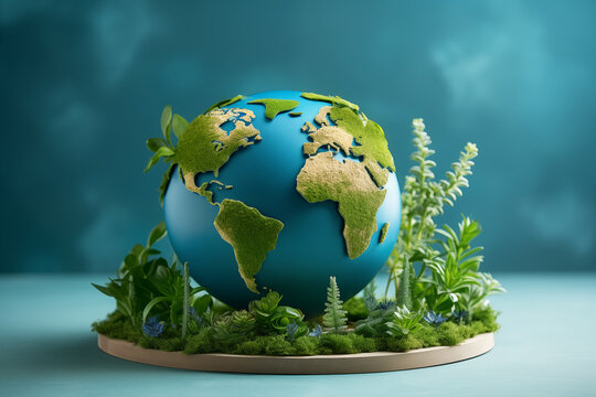 Planet Earth model with fresh green plants on blue background. Green planet creative concept. Earth day. Environment and ecology care. Symbol of sustainable development and renewable energy