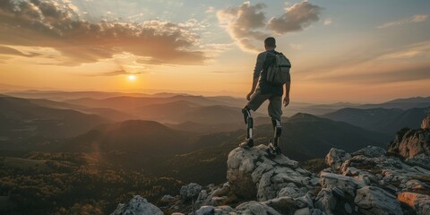 A man stands on a mountain top, looking out at the sunset