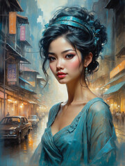Fototapeta premium Enchanting Oriental Elegance A Captivating Illustration of a Chinese Girl and Asian Beauty in Futuristic Cyberwomen Art