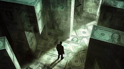 Shadowy figure navigating a maze made of towering banknotes