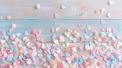 Pastel heart confetti scattered over a light wooden surface