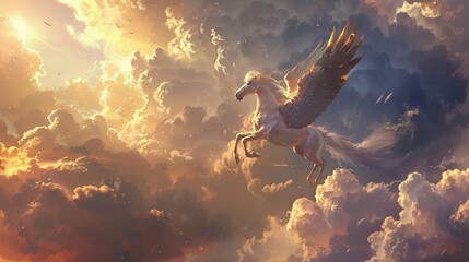 Pegasus soaring through the clouds - obrazy, fototapety, plakaty