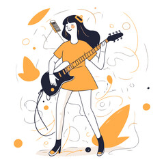 Vector illustration of a girl in a yellow dress playing the electric guitar.