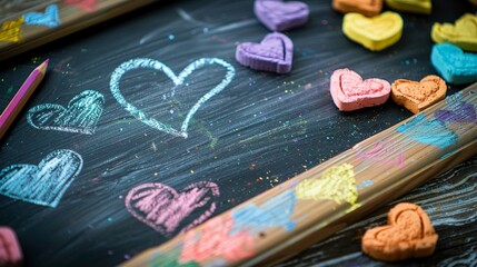 Heart-shaped pastel chalks on a blackboard
