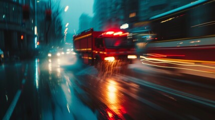 Firetruck rush in night city street road