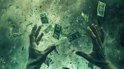 Hands desperately clutching at falling banknotes - obrazy, fototapety, plakaty