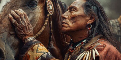 Obraz premium A man wearing a headdress and holding a horse