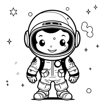 Cute cartoon astronaut in space suit. Black and white vector illustration.