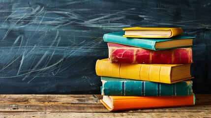 Vibrant classroom setting: array of colorful books on wooden table, backdropped by blackboard - education and reading concept