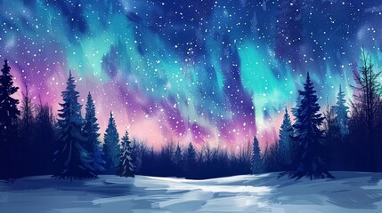 Aurora borealis over a snowy forest