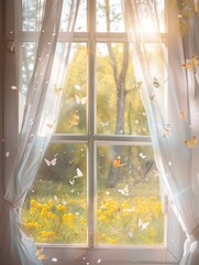 A window with yellowpink butterflies flying out of it,