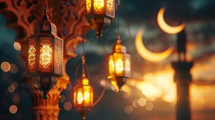 Fototapeta premium Lanterns are lit and hung under the roof of the house. Ramadan greeting background. Ramadan Kareem